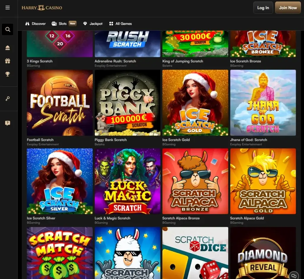 Harry Casino desktop scratch cards screenshot showing available scratch card games and prizes – tested