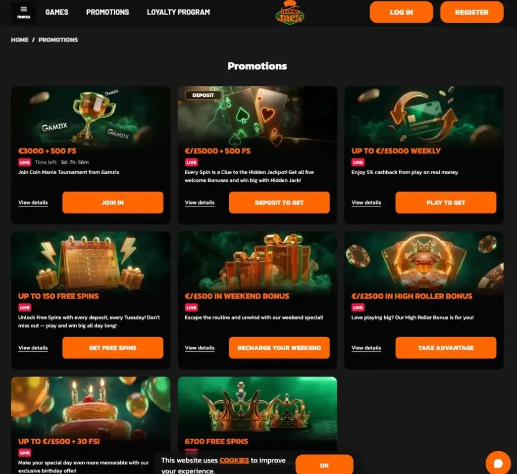 Hidden Jack Casino desktop promotions screenshot displaying bonus offers, promotional banners, and available deals list on widescreen interface - Tested Hidden Jack Casino desktop promotions screenshot displaying bonus offers, promotional banners, and available deals list on widescreen interface - Tested