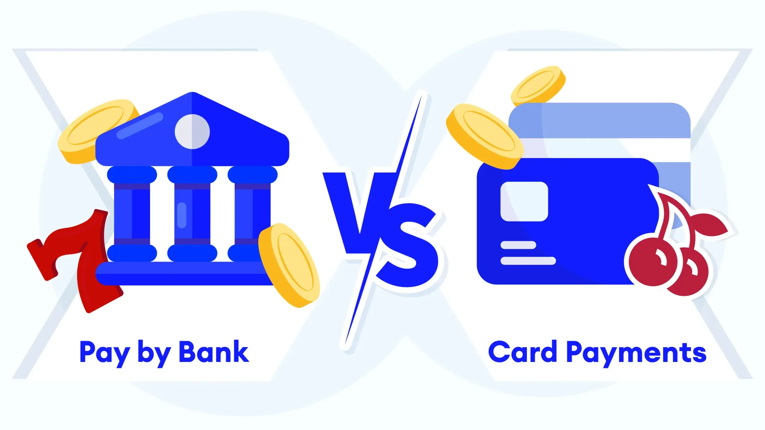 Infographic comparing pay-by-bank and card payments at online casinos, showing direct bank payments, open banking and faster processing.