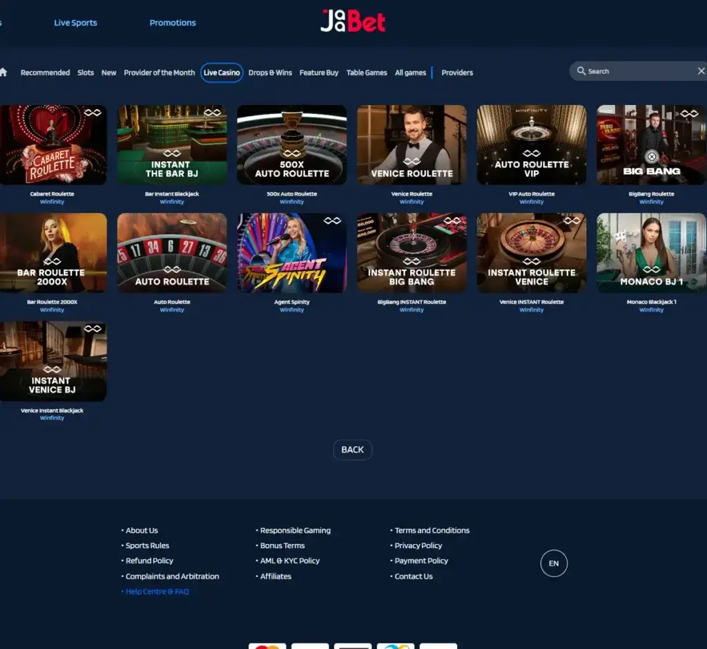 Jaabet Casino desktop live casino screenshot displaying real-dealer tables including roulette, blackjack and baccarat with lobby navigation - tested