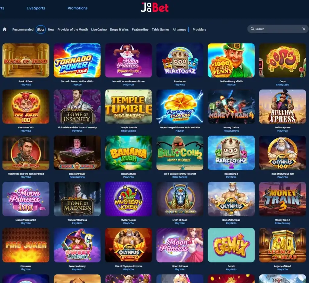 Jaabet Casino desktop slots screenshot showing slots variety with featured games, categories and filtering options - tested