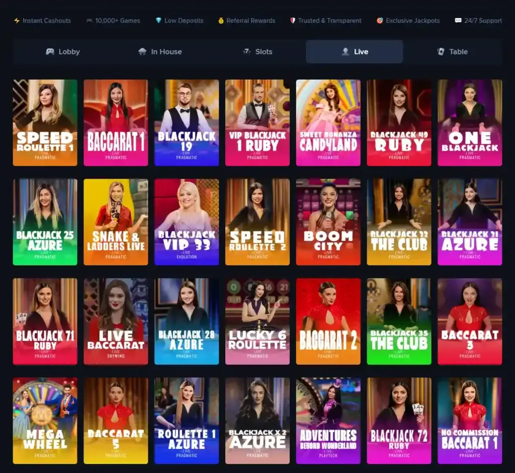 Jacks Club Casino desktop live dealer games collection screenshot showing roulette, blackjack and baccarat tables in lobby view with categories and provider filters - tested