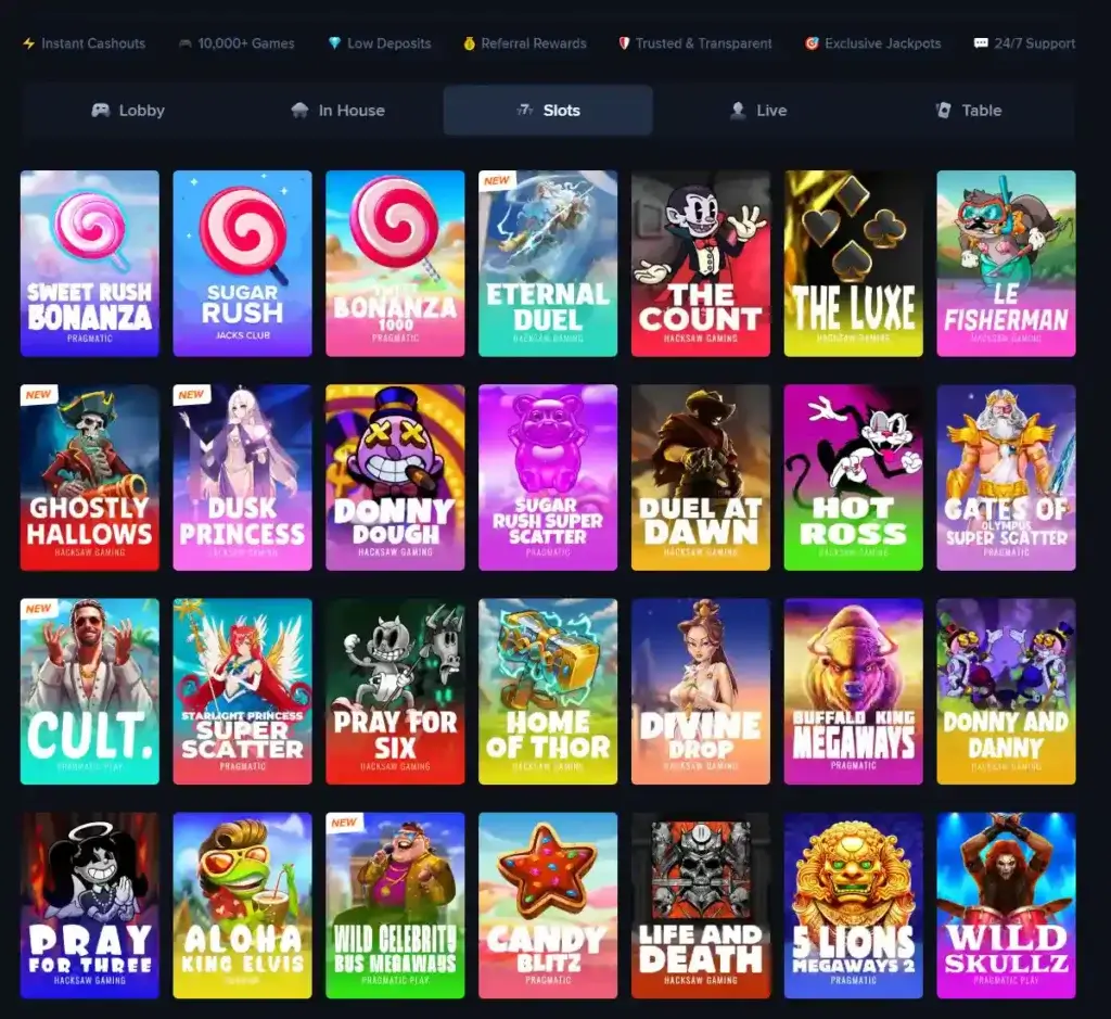Jacks Club Casino desktop slots screenshot showing multiple slot categories, featured games and provider filters - tested