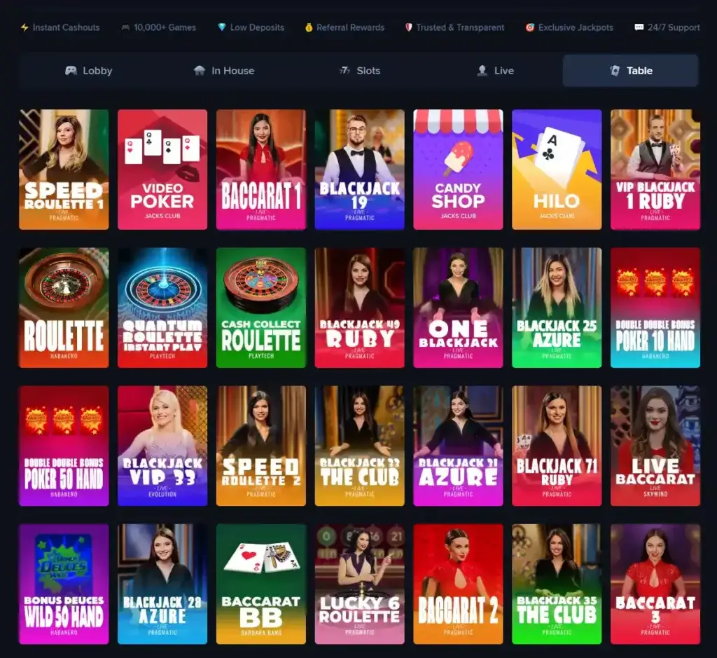 Jacks Club Casino desktop table games screenshot showing various table games, categories and provider filters - tested