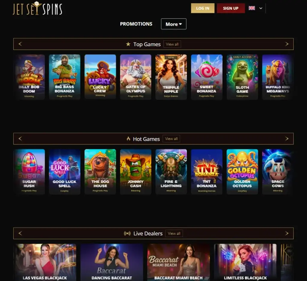 JetJet Spins Casino desktop homepage screenshot displaying main lobby with featured games, promotions and navigation menu - tested