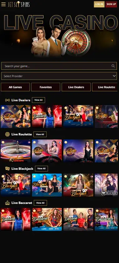 JetJet Spins Casino mobile live casino interface screenshot showing live dealer tables including blackjack and roulette - tested