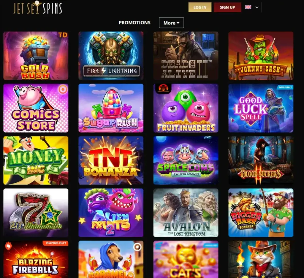 JetJet Spins Casino desktop slots lobby screenshot presenting variety of slot games with categories and providers - verified