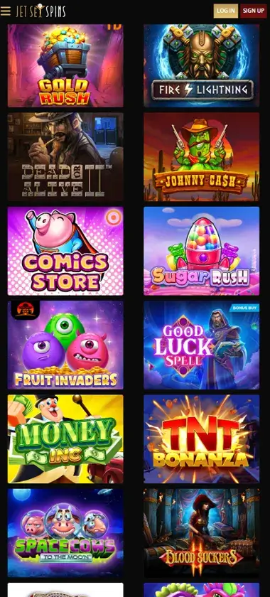 JetJet Spins Casino mobile slots interface screenshot showing slot game selection with popular titles and filtering options - captured during platform testing