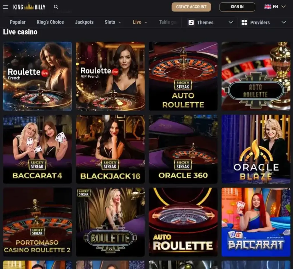 King Billy Casino desktop live casino lobby featuring live dealer games and real-time streaming interface - tested King Billy Casino desktop live casino lobby featuring live dealer games and real-time streaming interface - tested