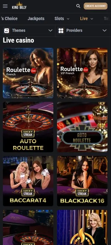 King Billy Casino mobile live casino interface showing live dealer tables including blackjack and roulette - captured during platform testing King Billy Casino mobile live casino interface showing live dealer tables including blackjack and roulette - captured during platform testing