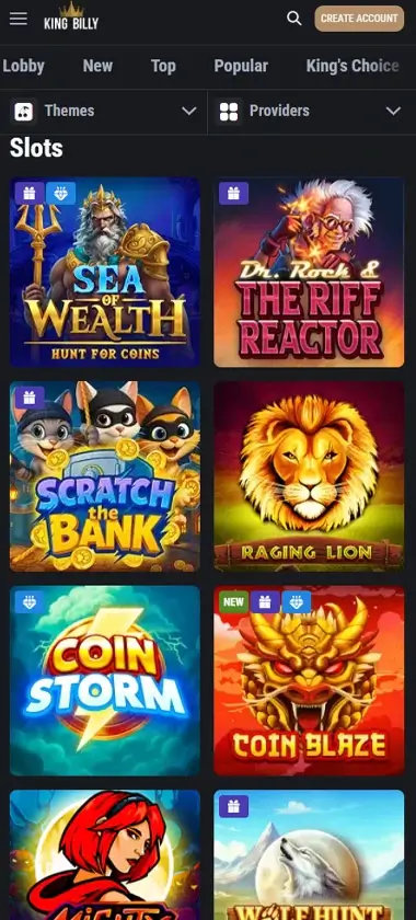 King Billy Casino mobile slots interface showing slot game selection with popular titles and filtering options - captured during platform testing King Billy Casino mobile slots interface showing slot game selection with popular titles and filtering options - captured during platform testing