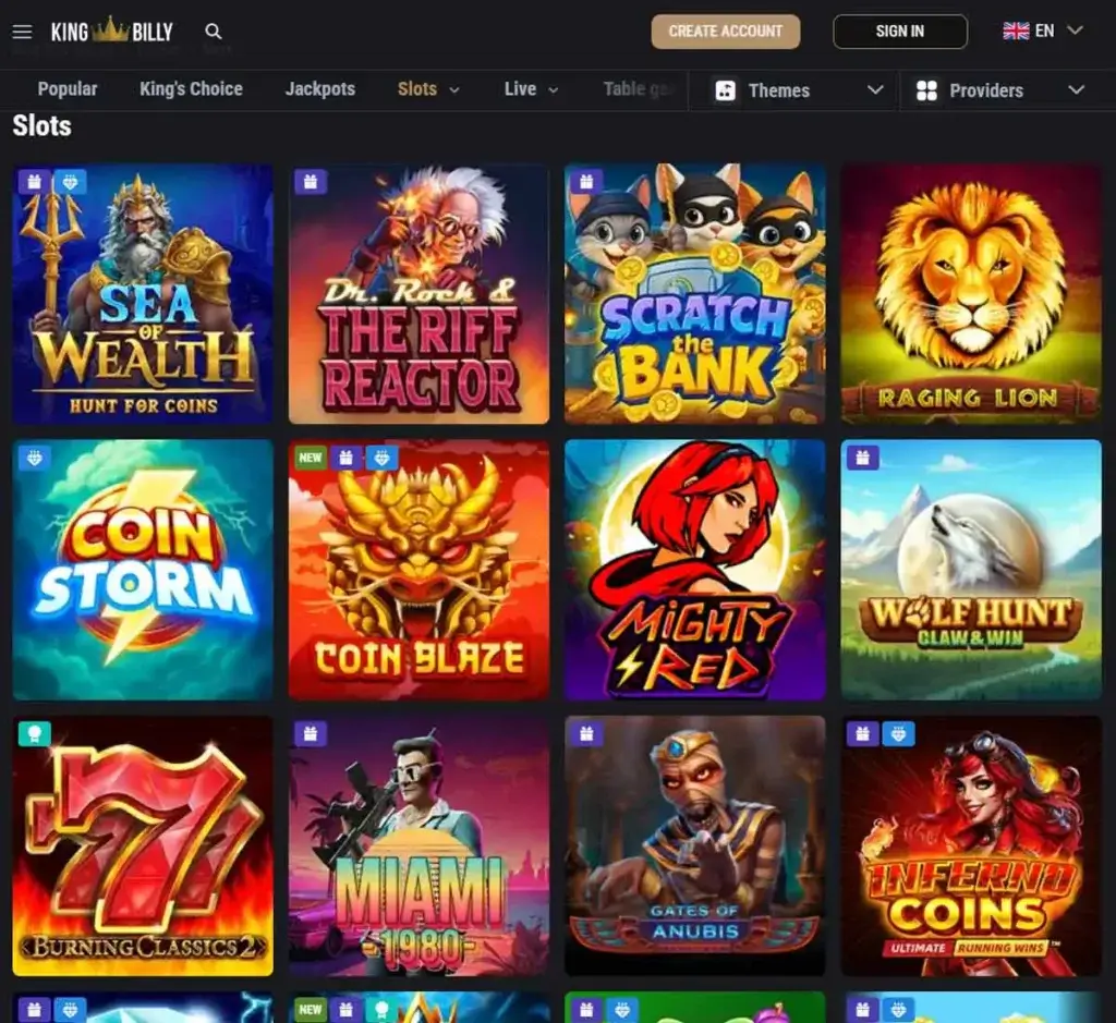 King Billy Casino desktop slots lobby presenting a variety of slot games with categories and providers - tested King Billy Casino desktop slots lobby presenting a variety of slot games with categories and providers - tested