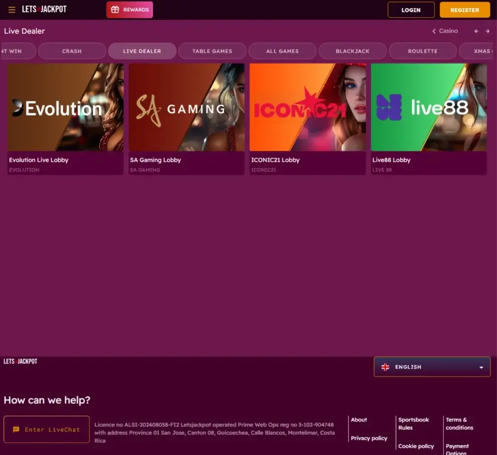 LetsJackpot desktop live casino screenshot showing real-dealer games including roulette, blackjack and baccarat with lobby navigation - tested