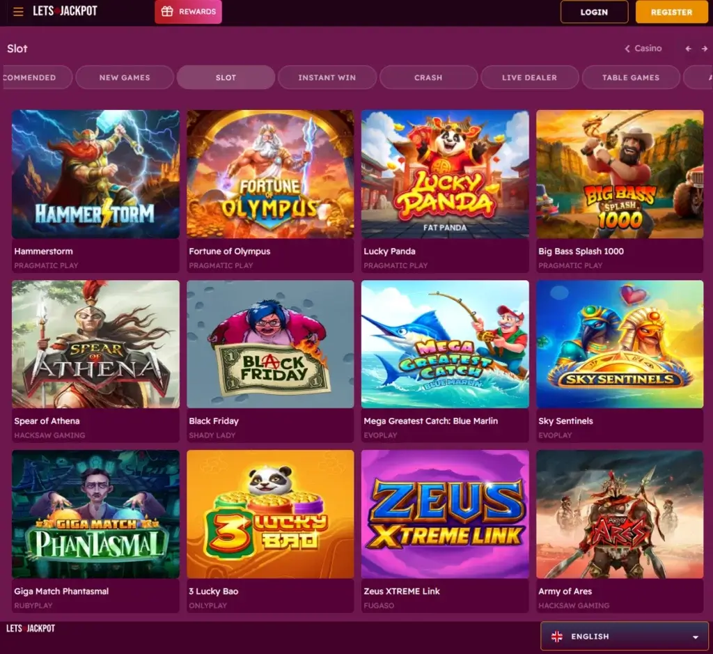 LetsJackpot desktop slots screenshot showing slots library with featured titles, game categories and provider filters - tested