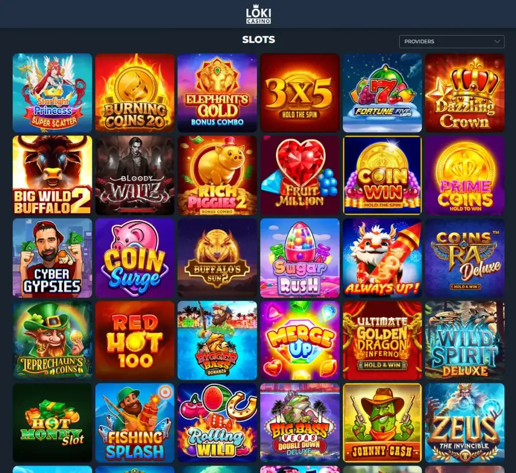 Loki Casino desktop slots screenshot showing slots variety with featured games, categories and filtering options - tested