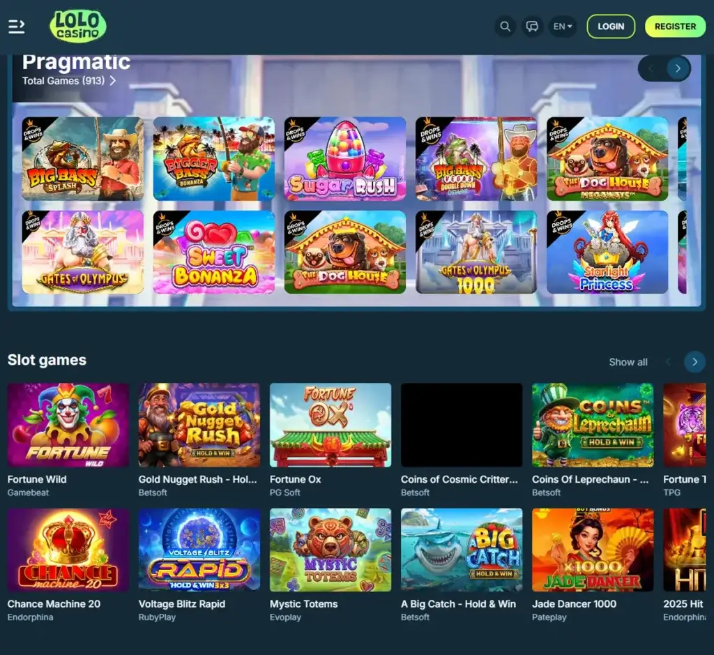 Lolo Casino desktop homepage screenshot displaying main lobby with featured games, promotions and navigation menu - tested