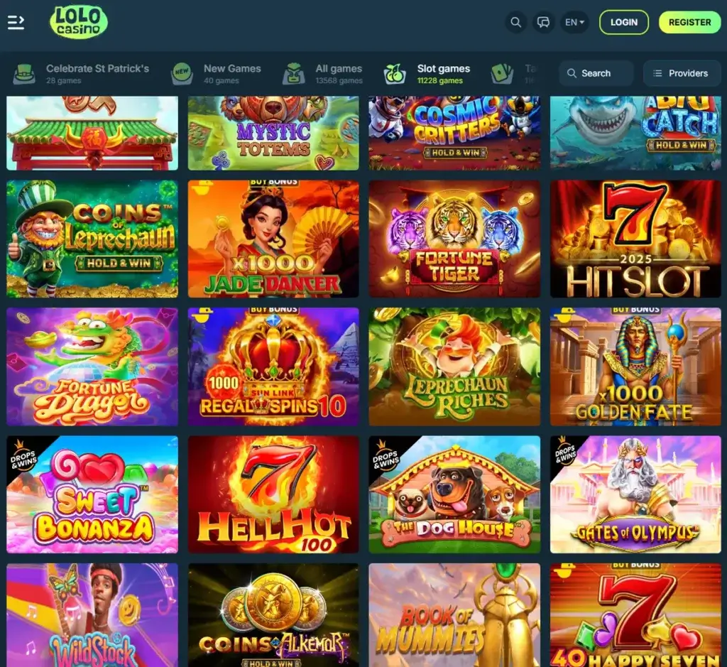 Lolo Casino desktop slots lobby screenshot presenting variety of slot games with categories and providers - verified