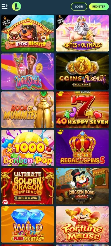 Lolo Casino mobile slots interface screenshot showing slot game selection with popular titles and filtering options - captured during platform testing