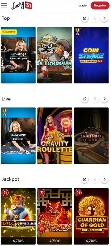 Lucky 31 Casino mobile homepage screenshot showing main casino lobby with featured games and promotions - captured during platform testing Lucky 31 Casino mobile homepage screenshot showing main casino lobby with featured games and promotions - captured during platform testing