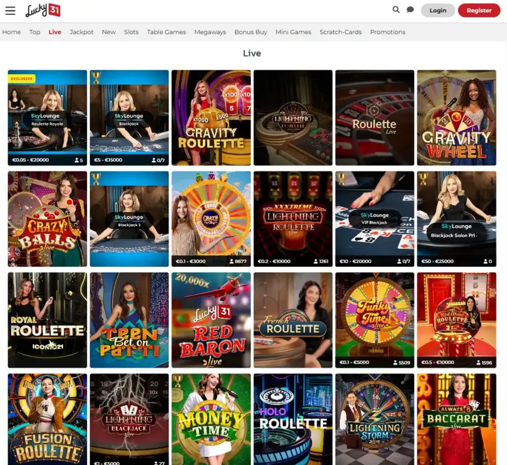 Lucky 31 Casino desktop live casino lobby screenshot featuring live dealer games and real-time streaming interface - review testing Lucky 31 Casino desktop live casino lobby screenshot featuring live dealer games and real-time streaming interface - review testing