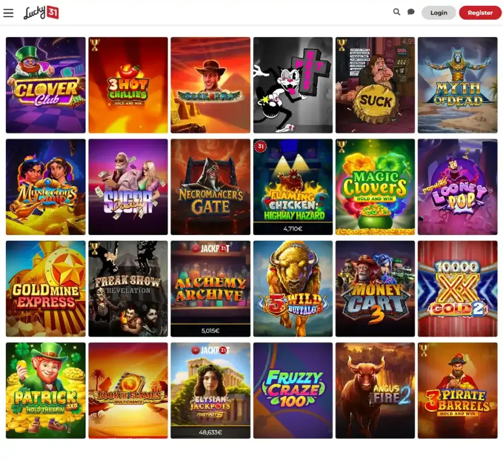 Lucky 31 Casino desktop slots lobby screenshot presenting variety of slot games with categories and providers - verified Lucky 31 Casino desktop slots lobby screenshot presenting variety of slot games with categories and providers - verified