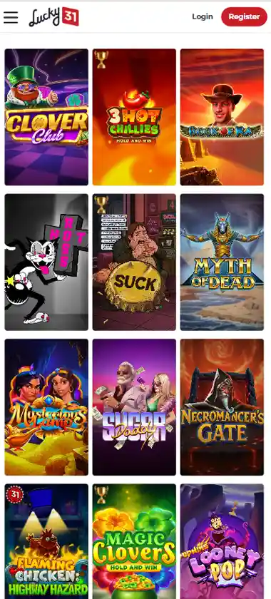 Lucky 31 Casino mobile slots interface screenshot showing slot game selection with popular titles and filtering options - captured during platform testing Lucky 31 Casino mobile slots interface screenshot showing slot game selection with popular titles and filtering options - captured during platform testing