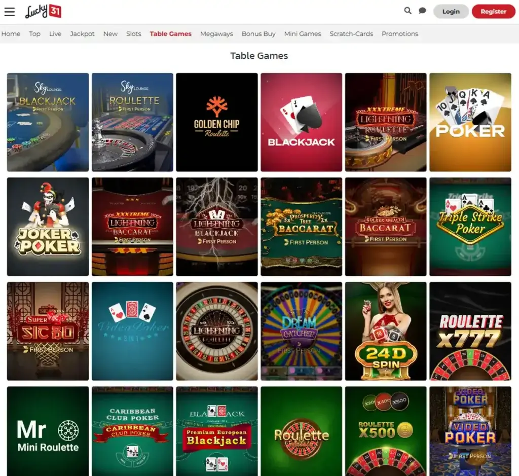 Lucky 31 Casino desktop table games lobby screenshot displaying classic casino games such as blackjack, roulette and baccarat - tested Lucky 31 Casino desktop table games lobby screenshot displaying classic casino games such as blackjack, roulette and baccarat - tested