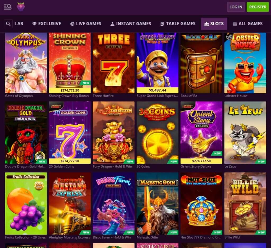 Malina Casino desktop slots lobby screenshot presenting variety of slot games with categories and providers - verified