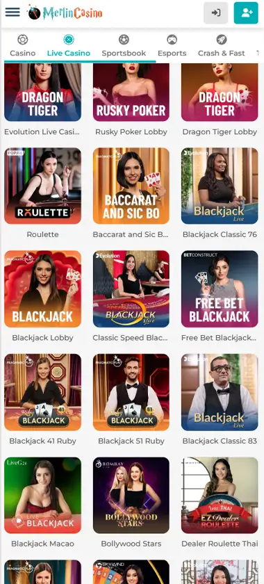 Merlin Casino mobile live casino interface screenshot showing live dealer tables including blackjack and roulette - tested Merlin Casino mobile live casino interface screenshot showing live dealer tables including blackjack and roulette - tested
