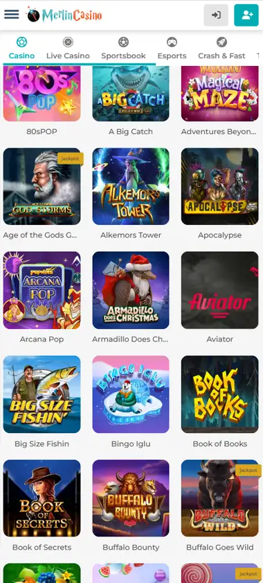 Merlin Casino mobile slots interface screenshot showing slot game selection with popular titles and filtering options - captured during platform testing Merlin Casino mobile slots interface screenshot showing slot game selection with popular titles and filtering options - captured during platform testing