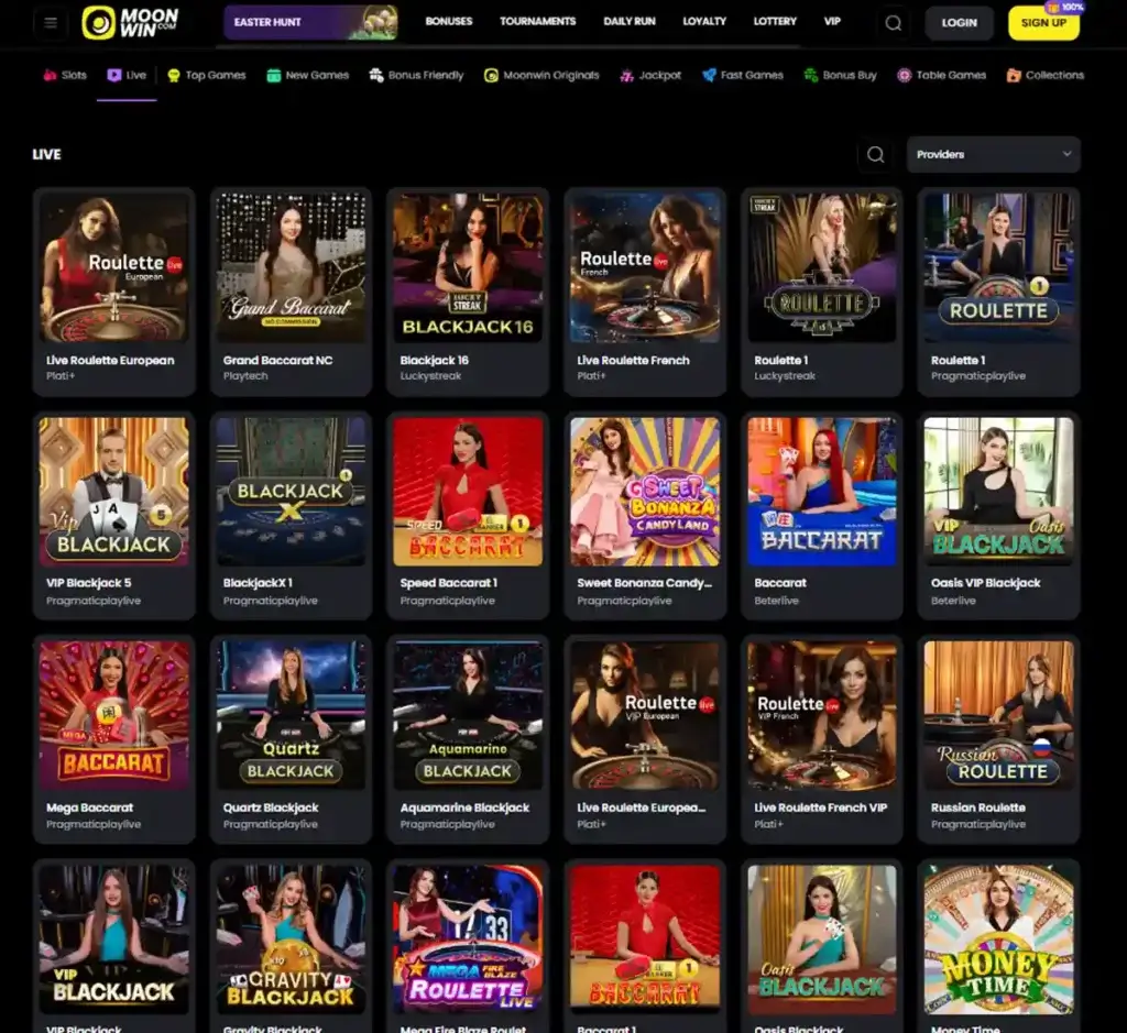 Moon Win Casino desktop live casino lobby screenshot featuring live dealer games and real-time streaming interface - review testing
