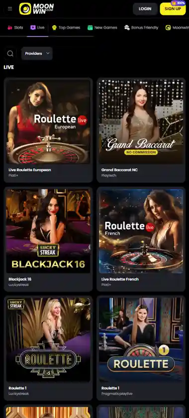 Moon Win Casino mobile live casino interface screenshot showing live dealer tables including blackjack and roulette - tested