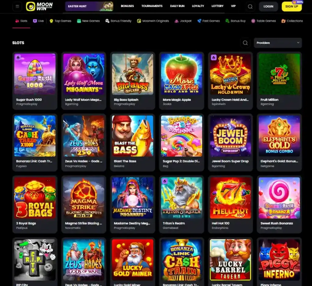 Moon Win Casino desktop slots lobby screenshot presenting variety of slot games with categories and providers - verified