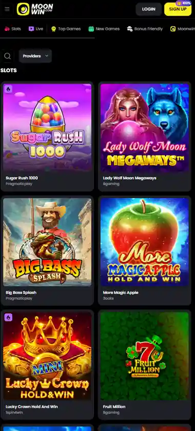 Moon Win Casino mobile slots interface screenshot showing slot game selection with popular titles and filtering options - captured during platform testing