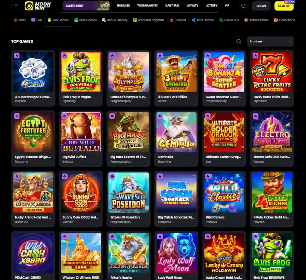 Moon Win Casino desktop popular games section screenshot displaying featured slot titles, jackpots and player favorites - tested