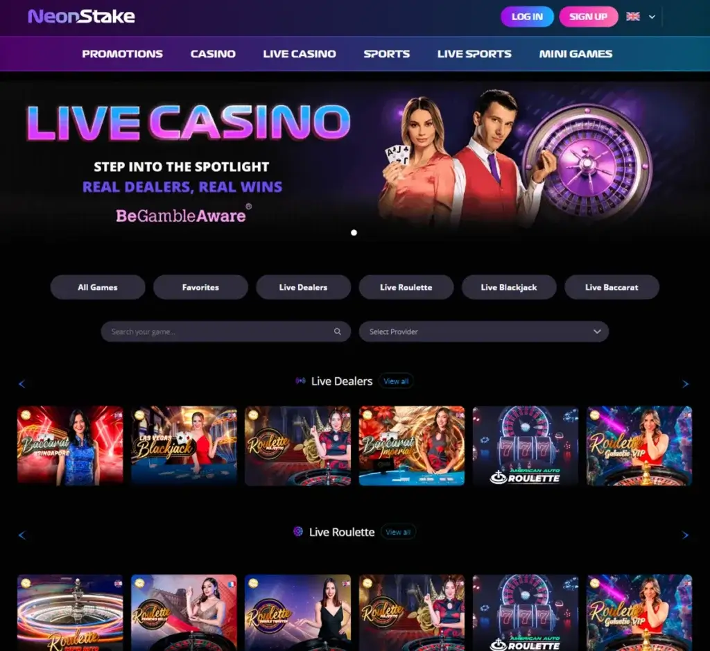 NeonStake Casino desktop live casino lobby screenshot featuring live dealer games and real-time streaming interface - review testing NeonStake Casino desktop live casino lobby screenshot featuring live dealer games and real-time streaming interface - review testing