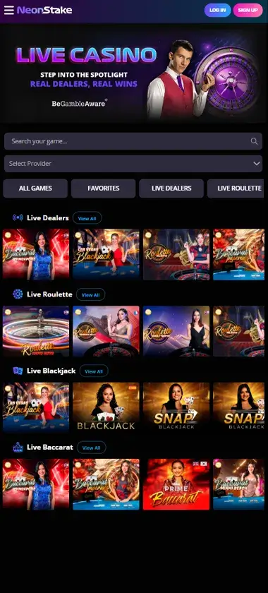 NeonStake Casino mobile live casino interface screenshot showing live dealer tables including blackjack and roulette - tested NeonStake Casino mobile live casino interface screenshot showing live dealer tables including blackjack and roulette - tested