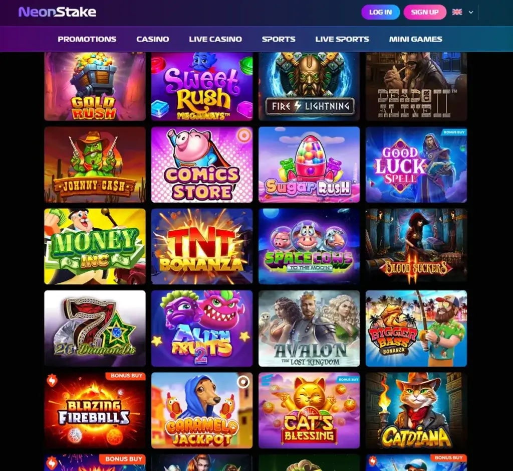 NeonStake Casino desktop slots lobby screenshot presenting variety of slot games with categories and providers - verified NeonStake Casino desktop slots lobby screenshot presenting variety of slot games with categories and providers - verified