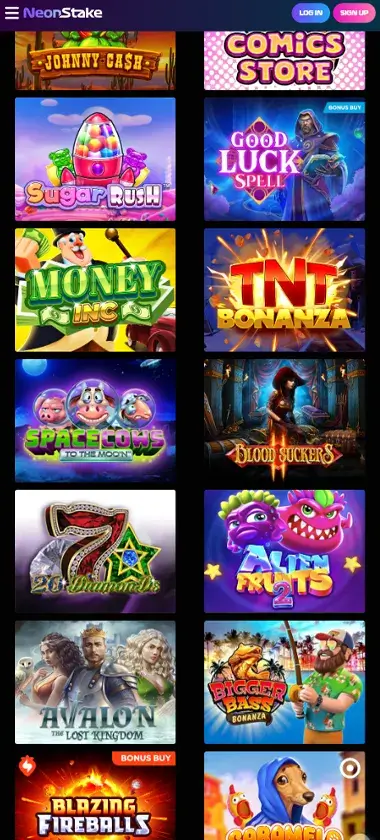 NeonStake Casino mobile slots interface screenshot showing slot game selection with popular titles and filtering options - captured during platform testing NeonStake Casino mobile slots interface screenshot showing slot game selection with popular titles and filtering options - captured during platform testing