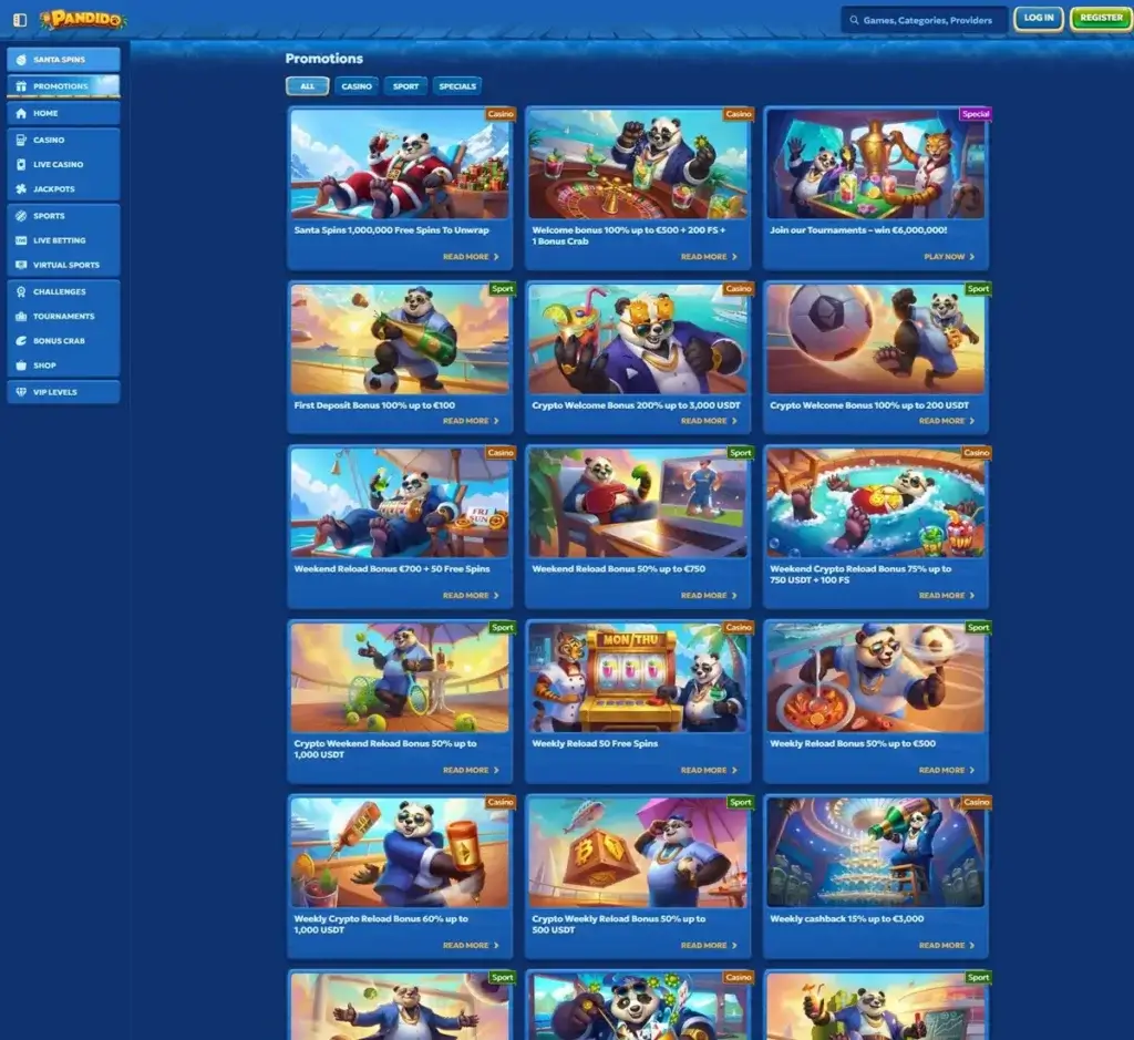 Pandido Casino desktop promotions screenshot displaying active bonus offers, special deals and promotional banners - tested Pandido Casino desktop promotions screenshot displaying active bonus offers, special deals and promotional banners - tested