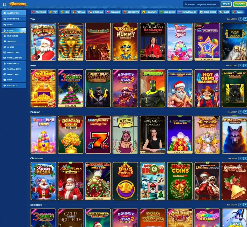 Pandido Casino desktop homepage screenshot showing main navigation menu, featured games and promotional banners - tested Pandido Casino desktop homepage screenshot showing main navigation menu, featured games and promotional banners - tested
