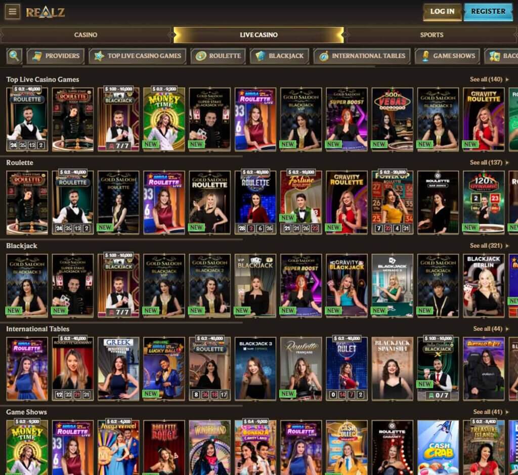 Realz Casino live dealer games section on desktop featuring roulette, blackjack and baccarat – tested Realz Casino live dealer games section on desktop featuring roulette, blackjack and baccarat – tested