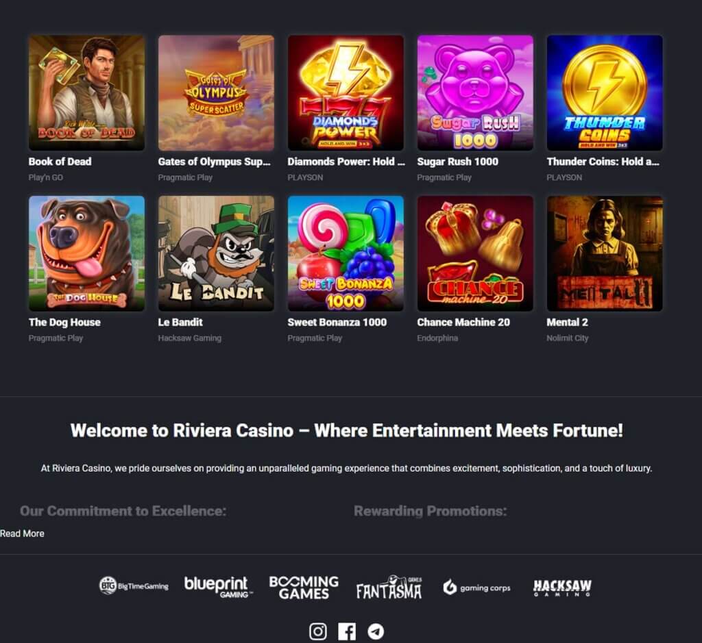 Riviera Casino desktop home page screenshot showing games like Book of Dead, The Dog House and Sweet Bonanza - tested