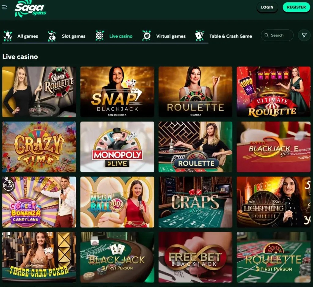 SagaSpins Casino desktop live casino screenshot showing live dealer tables and gameplay interface – tested