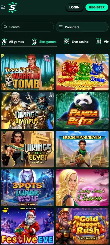 SagaSpins Casino mobile slots page screenshot showing variety of slot games and themes – tested
