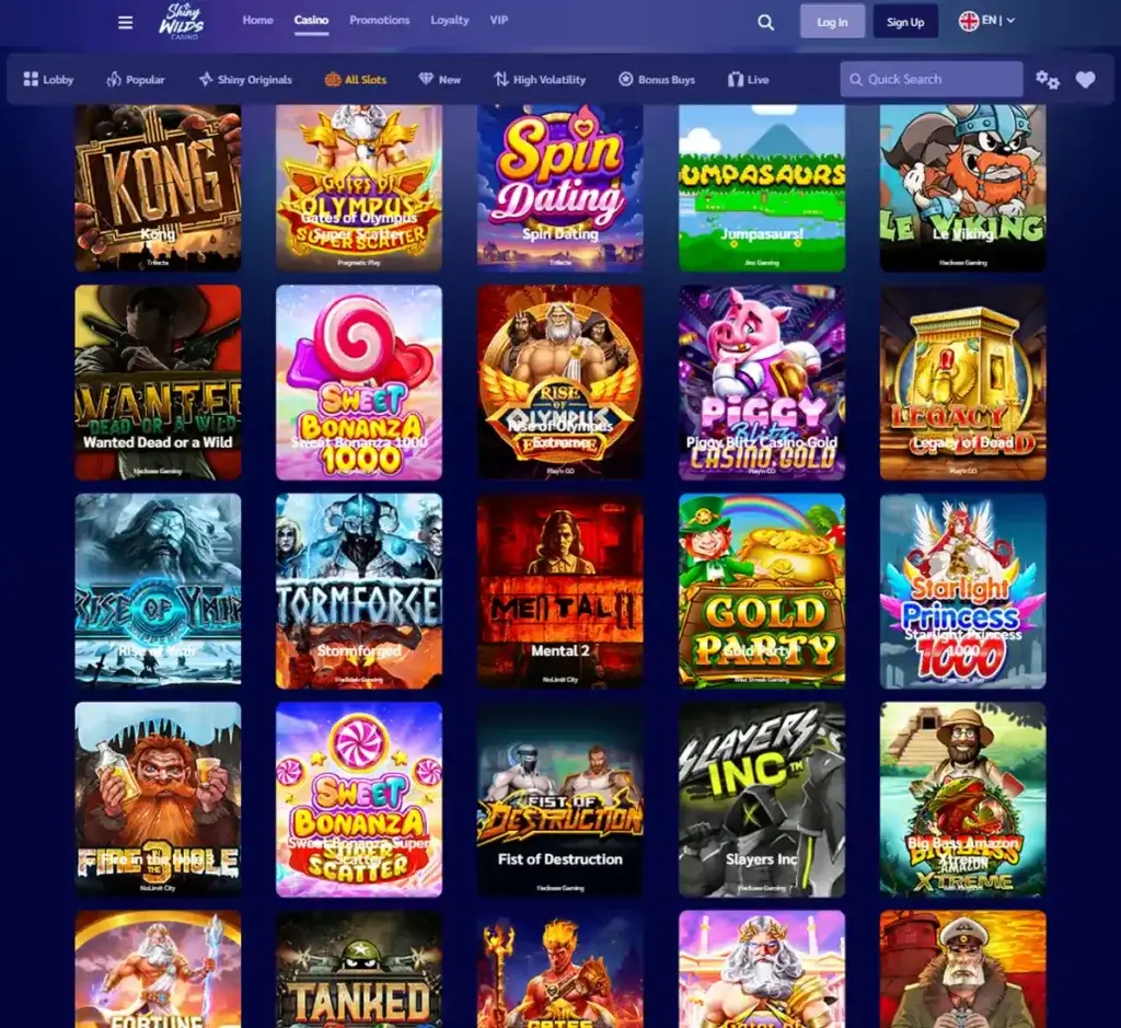 ShinyWilds Casino desktop Slots screenshot showing multiple slot categories, featured games and provider filters - tested