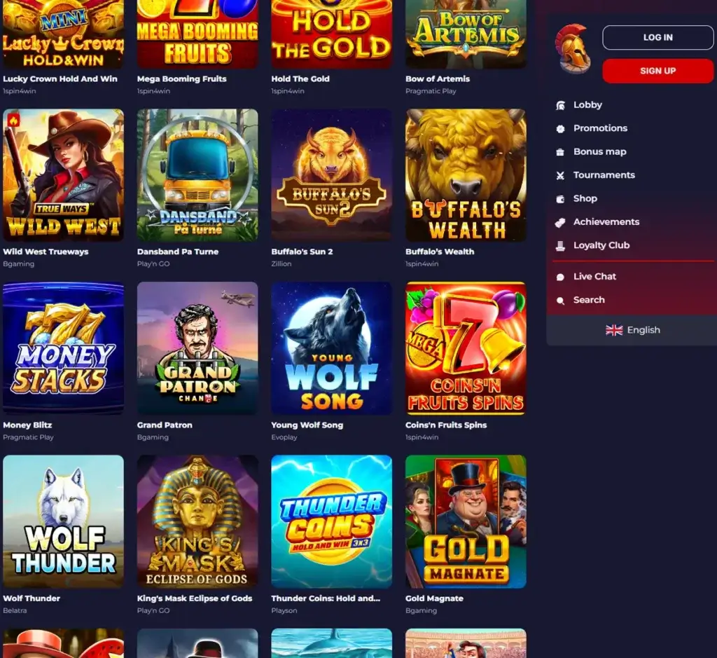 Slota Casino desktop slots screenshot showing slots variety with featured games, categories and filtering options - tested