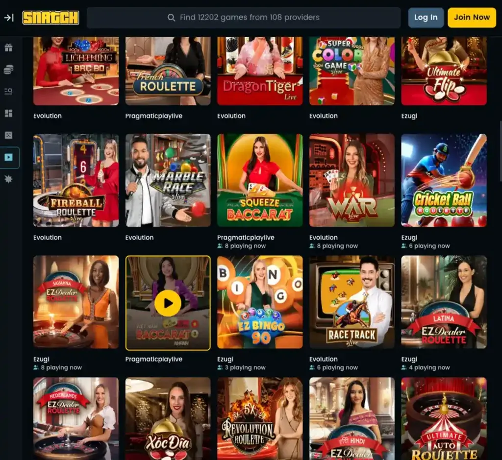 Snatch Casino desktop live casino screenshot displaying real-dealer tables including roulette, blackjack and baccarat with lobby navigation and betting interface - tested