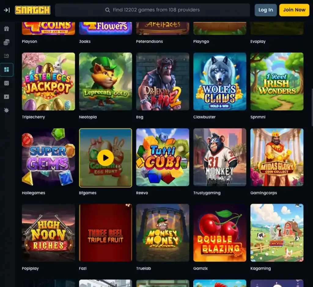 Snatch Casino desktop slots screenshot showing slot categories, featured titles and game providers in the casino lobby - tested
