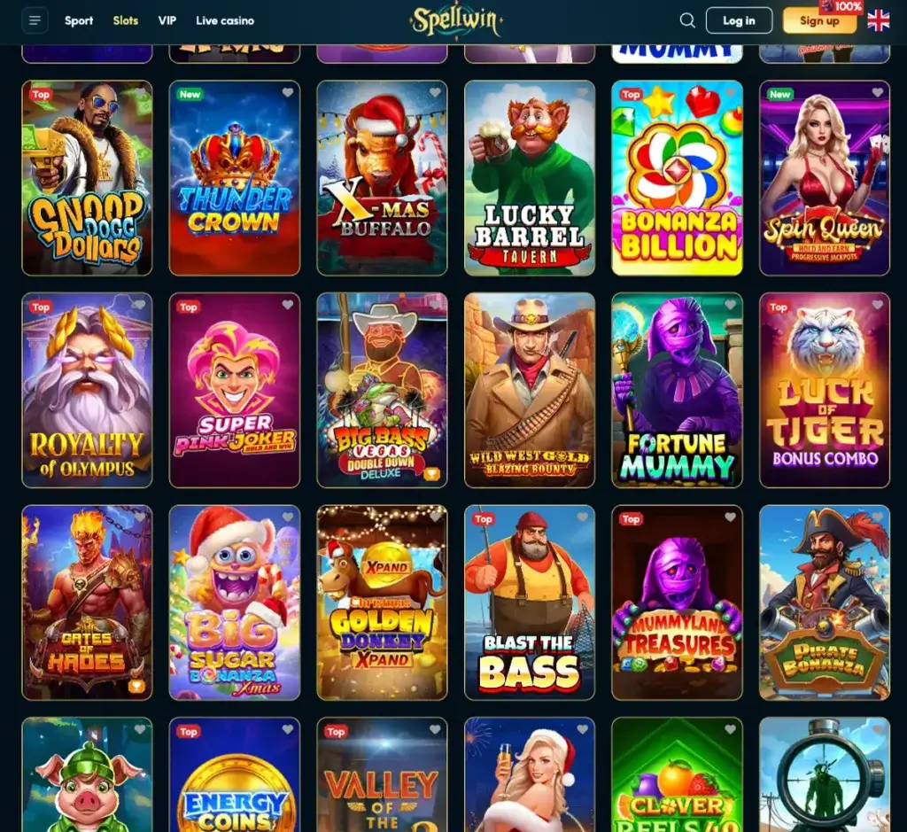 Spellwin Casino desktop slots screenshot showing slots variety with featured games, categories and filtering options - tested